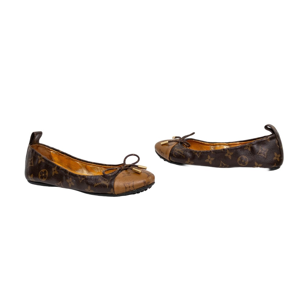 Louis Vuitton Monogram Canvas Cap Toe Ballet Flats Brown Leather Bow Shoes 37.5